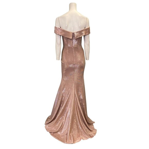 Faviana Metallic Off the Shoulder Evening Gown Rose Gold Size 0 NWT - Picture 2 of 2
